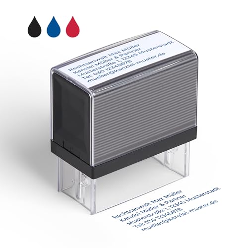 Personalisierter Selbstfärbestempel mit Wunschtext, Firmenstempel & Namensstempel individuell gestalten, Blaue Tinte 6,7 x 2,8 cm, Individueller Textstempel fürs Büro von Cimpress