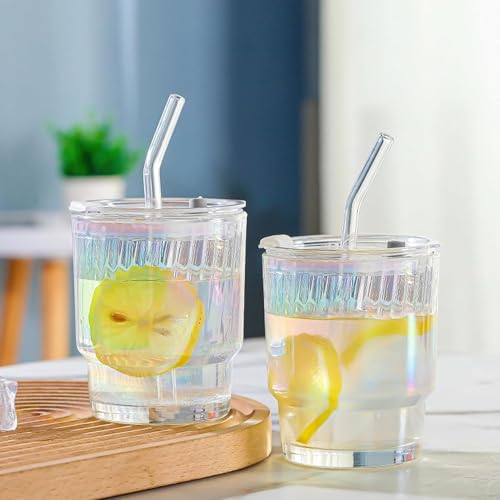 Cimvidi 2 Stück 400ml Glasbecher mit Deckel und Strohhalm, Auslaufsicherer Glas Smoothie Becher, Luftdicht Kaffeebecher Travel Mug, Eiskaffee Becher, Trinkglas(coloured) von Cimvidi