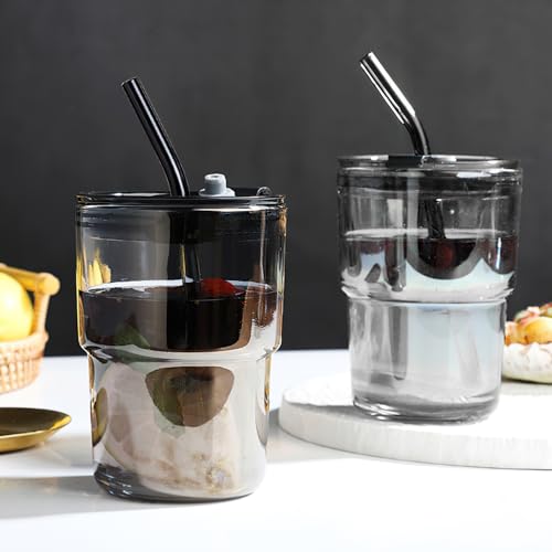 Cimvidi 2 Stück 400ml Glasbecher mit Deckel und Strohhalm, Glas Smoothie Becher mit Strohhalm, Luftdicht Wasserdicht Design Kaffeebecher Travel Mug, Eiskaffee Becher, Trinkglas (grau) von Cimvidi