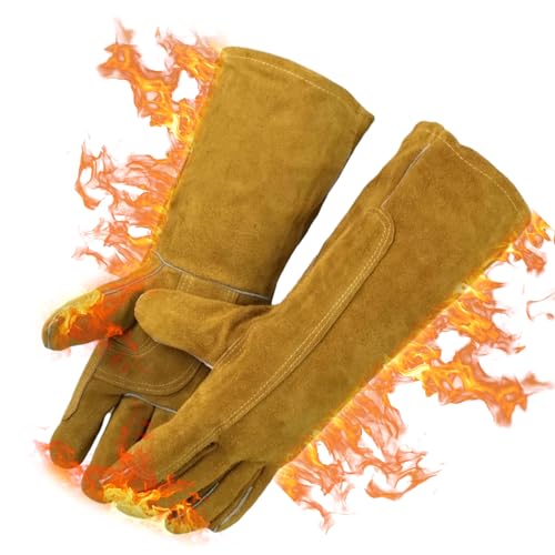 Cimvidi Rindsleder Schweißhandschuhe Feuerfest bis 600°C, Grillhandschuhe, mit Unterarmschutz, Arbeitshandschuhe für Schweißen, Grillen und Gartenarbeit, Größe L Gelb (36cm) von Cimvidi