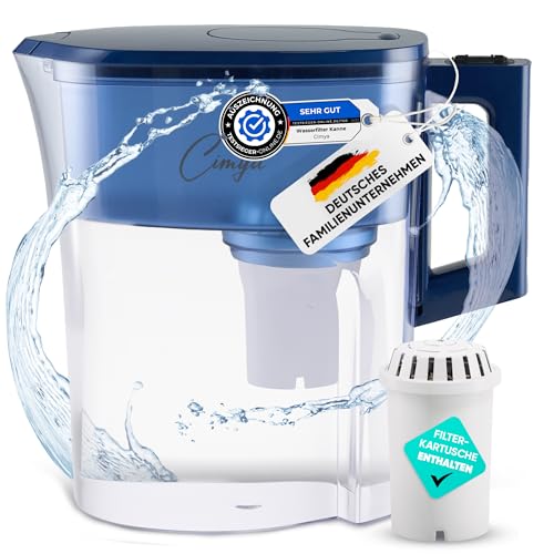 CIMYA Wasserfilter Trinkwasser | 2,4l Filter Navi Blue + 1 x 2 Monats Filterkartusche [AKTIVKOHLE] Enthärtet, filtert Kalk, Chlor, Pestizide & Bakterien, erhöht den pH-Wert (Marine Blau) von Cimya