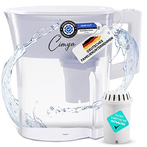 CIMYA Wasserfilter Trinkwasser | 2,4l Filter + 1 x 2 Monats Filterkartusche [AKTIVKOHLE] Enthärtet, filtert Kalk, Chlor, Pestizide & Bakterien, erhöht den pH-Wert von Cimya