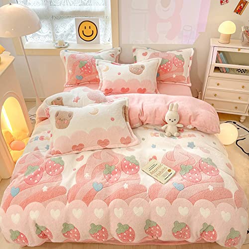 CinYana Pink Strawberry Duvet Cover Set Fluffy Duvet Cover Kawaii Cartoon Comforter Cover Soft Kids Duvet Cover Queen Bedding Set (Strawberry, Queen) von CinYana