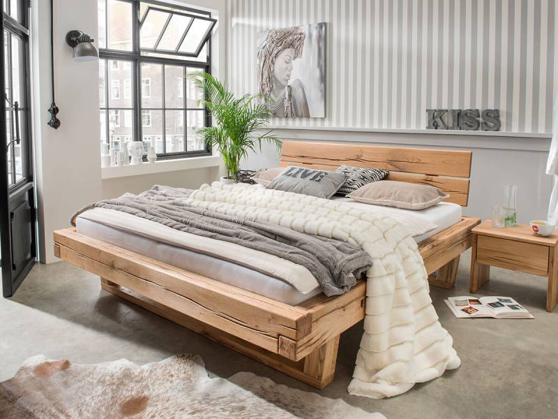 Cinall - Balkenbett Eiche massiv mit Holzkufen u. Holzkopfteil; natur; 180 x 200 cm von Cinall ApS