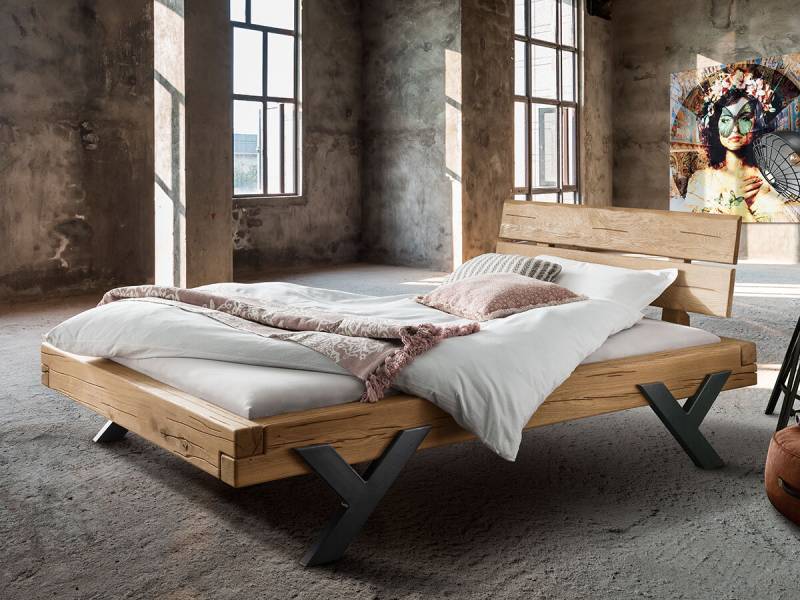 Cinall - Balkenbett Eiche massiv mit Metall-Y-Beinen u. Holzkopfteil; natur; 180 x 200 cm von Cinall ApS
