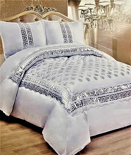 Cinar Mäander 3 Teilige Luxus Bettwäschen Set mit Paneelen Bestickt Weiß-Silber Tagesdecke 230x250 cm für 2Personen Doppelbett Bettüberwurf mit 2Kissenbezug Gefüllte Decke von Cinar