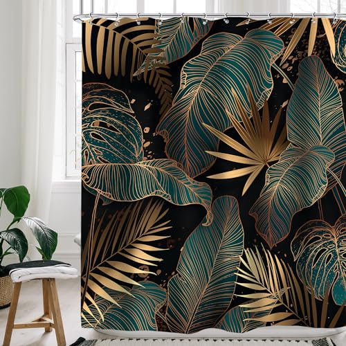 Cinbloo Duschvorhang, Smaragdgrün, Schwarz/Gold, 72 x 72 cm, abstrakte Palmenblätter, tropisches Monstera, Badezimmervorhang, modern, braun, botanische Pflanze, Hawaii, Badezimmer-Dekorstoff mit 12 von Cinbloo