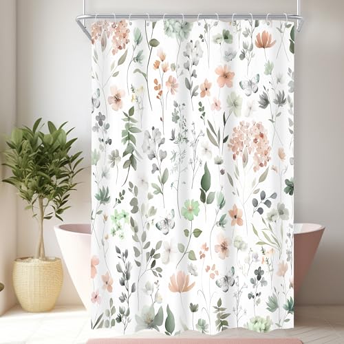 Cinbloo Duschvorhang-Set mit süßem grün-rosa Blumenmuster, 137 x 190 cm (B x H), Einzelne Wildblume, Aquarell, Boho, Schmetterling, Frühling, Mädchen, Badezimmervorhang-Set, moderne Pflanzen von Cinbloo