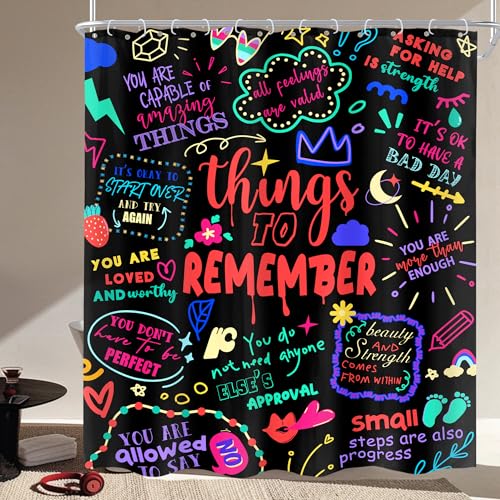 Cinbloo Duschvorhang für Kinder, buntes Zitat, 183 x 183 cm (B x H), lustig, inspirierend, Graffiti, schwarz, neonfarben, positiv, motivierend, Wörter, Badezimmer-Vorhang-Set, modernes Bad-Accessoire von Cinbloo
