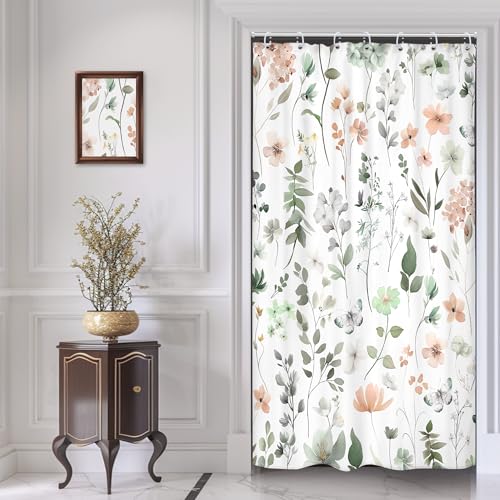 Cinbloo Stall Duschvorhang, klein, Wohnmobil, schmal, Grün, Rosa, Blumenmuster, 91 x 183 cm (B x H), niedliche Wildblume, Aquarell, Boho, Frühling, Schmetterling, Mädchen, Badezimmervorhang-Set von Cinbloo