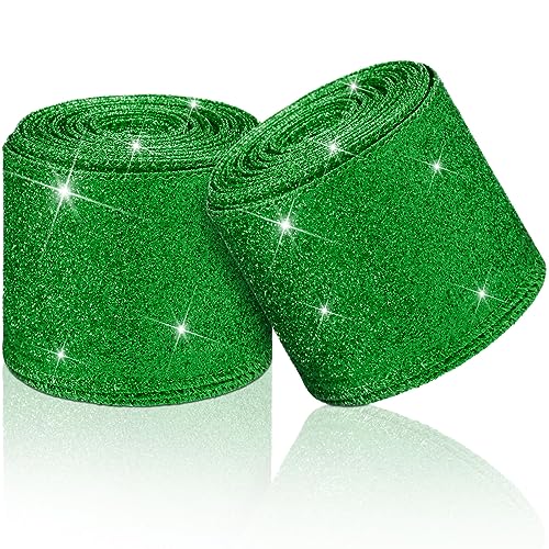 2 Rollen Weihnachten Geschenkbänder mit Drahtkanten 6,3 cm Glitzer Schleifenbänder Farbige Glänzende Dekobänder für Geschenk Verpackung Girlande Kränze (Grasgrün, Insgesamt 20 Yard) von Cindeer