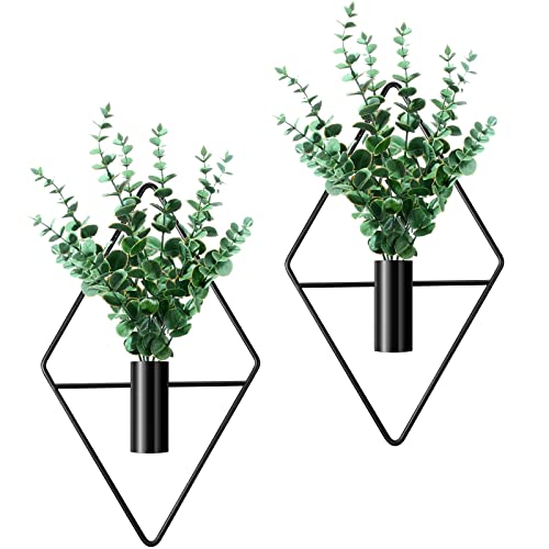 2 Stück Hängende Blumentöpfe mit Kunstpflanzen Metall Wandvase Blumenampel für Innen Moderne Geometrische Hängeampel für Wohnzimmer Wohnung Büro Wanddeko (Schwarz, Eukalyptus) von Cindeer