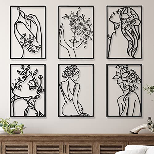 6 Stück Schwarz Metall Wanddekoration Moderne Minimalistische Abstrakte Frau Wandkunst Ästhetische Weibliche Wandskulptur Linienzeichnung Hängende Kunst Minimalistische Dekor für Küche Schlafzimmer von Cindeer