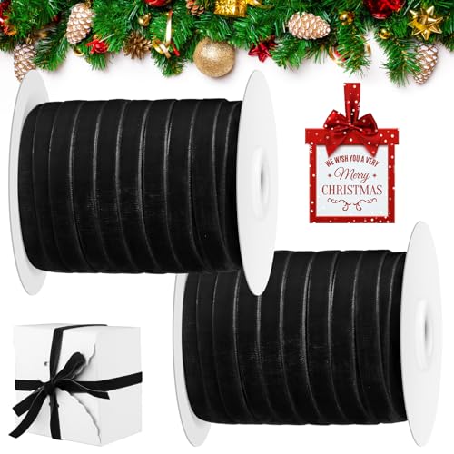 Cindeer 100 Yards Weihnachten Schleifenbänder Einseitige Samtbänder Rollen mit Spule Satin Samt Festkantige Geschenkbänder Geschenk Verpackung Basteln Hochzeit Deko (Schwarz, 0,375 Zoll x 50 Yard) von Cindeer