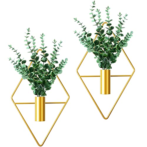 Cindeer 2 Wandvasen in Diamant Form mit Künstlich Wasserpflanzen Metall Blumenampel für Pflanzen Innen Geometrisch Modern Blumentopf zum Hängen für Wohnung Wohnzimmer Büro (Golden, Eukalyptus) von Cindeer