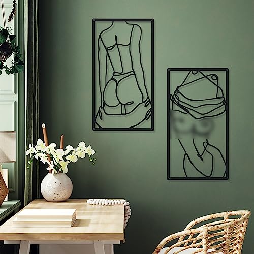 Cindeer 4 Stück Mental Minimalistische Abstrakte Frau Wandkunst Einzeilige Zeichnung Wandkunst Dekor Moderne weibliche Körper Zuhause Hängende Metall Wanddekoration für Küche Badezimmer Wohnzimmer von Cindeer