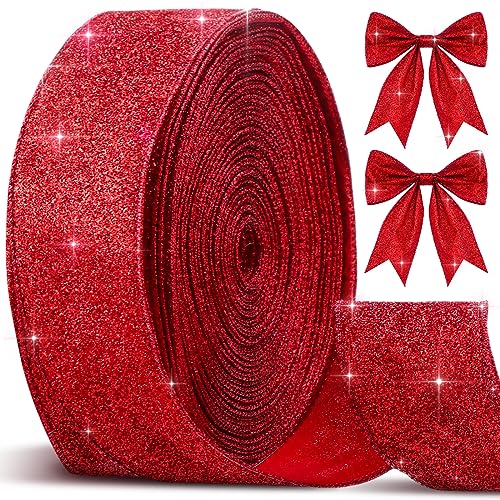 Cindeer 50 Yards Weihnachten Glitzerband Metallische Diamant Glitzer Wickelband Deko 6,3 cm Breite Weihnachtsbänder mit Draht Weihnachten Dekoratives Stoffband für Haus Geschenk DIY (Rot) von Cindeer