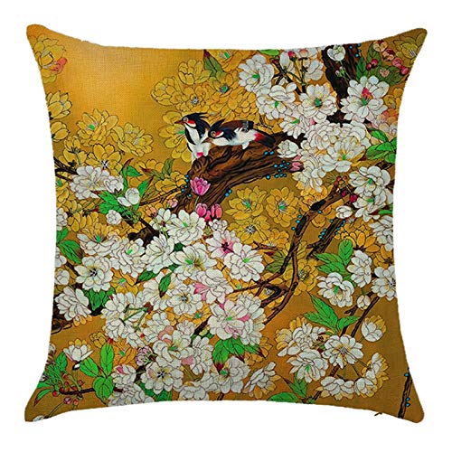 Cinnanal Kissenbezüge Landhausstil Kissenbezug Jungs Blume-Zweig-Vogel Seide Zierkissenbezüge Indisch Outdoor Wasserfest Dekorative Für Das Sofa Im Wohnzimmer Gelb Weiß Grün 40X40Cm von Cinnanal