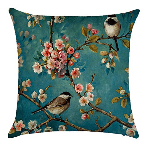 Cinnanal Kissenbezüge Wasserdicht Kissenbezug Lang Blumen-Zweig-Vogel-Malerei Flachs Zierkissenbezüge Kissenbezügeset Sitzkissen Dekorative Für Das Sofa Im Wohnzimmer Blau Rosa 40X40Cm von Cinnanal