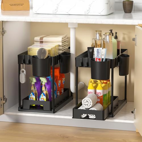 Cinnani 2 Pack Unter Waschbecken Regal,Spülschrank Organizer mit 8 Haken &4 Tassen,Küchen Organizer spülenschrank für Küche,Bad,Putzmittel,Waschmittel von Cinnani