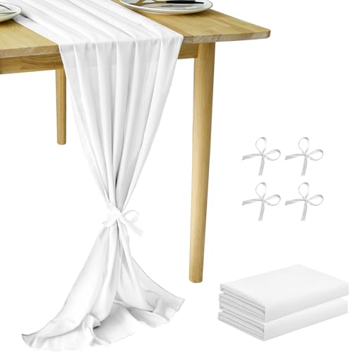 Cinnani 2 Stück Chiffon Tischläufer Weiß 70x300 cm Tischläufer Hochzeit Musselin Dekostoff Musselin tischläufer Boho Hochzeit für Hochzeitsdeko, Tischdeko Geburtstag, Taufe, Babyparty von Cinnani
