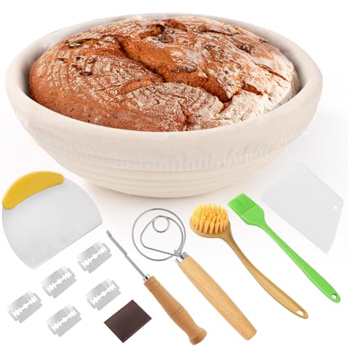 Cinnani 23cm Rundes gärkorb zum brotbacken-Set,Gärkörbchen,Gärkorb Brot Set,Brotkorb Mit Waschbarem Leineneinsatz, Leicht Zu Reinigen Brot Backen Zubehör,Professionelles Brotbackzubehör von Cinnani