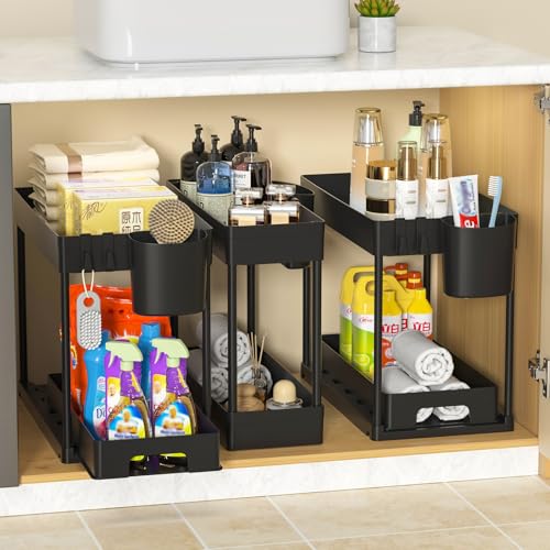 Cinnani 3 Pack Unter Waschbecken Regal,Spülschrank Organizer mit 12 Haken &4 Tassen,Küchen Organizer spülenschrank für Küche,Bad,Putzmittel,Waschmittel von Cinnani