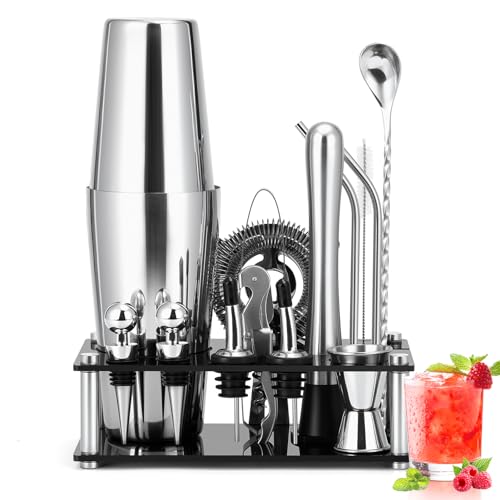 Cinnani 750ml Boston Cocktail Shaker Set mit Ständer,15 Teiliges Edelstahl Cocktail Zubehör,Barkeeper Set,Bartender Set,Bar Tool Set,Professional Cocktail Mixing Set,Cocktail Geschenkset von Cinnani