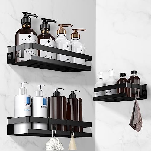 Cinnani Duschablage Ohne Bohren Schwarz 3 Stück Duschablage Edelstahl mit 6 Haken, Duschregal ohne Bohren, Selbstklebend Badezimmer Regal, Shampoo Halterung für Dusche, Duschkorb für Organizer von Cinnani