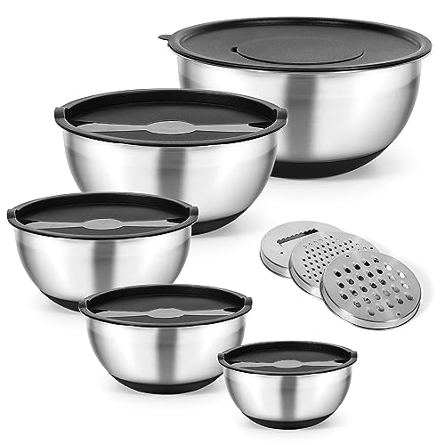 Cinnani Edelstahl Schüssel 5er-Set, Rührschüsseln, Salatschüssel, Küchenschüssel mit Deckeln, Multifunktional schüsseln mit 3 Reibenaufsätzen und Rutschfestem Silikonboden, Stapelbar Cinnani Edelstahl Schüssel 5er-Set, Rührschüsseln, Salatschüssel, Küchenschüssel mit Deckeln, Multifunktional schüsseln mit 3 Reibenaufsätzen und Rutschfestem Silikonboden, Stapelbar von Cinnani