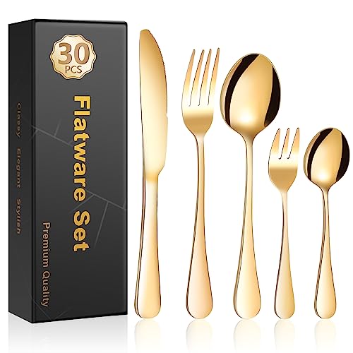 Cinnani Gold Besteck Set 6 Personen, 30 Teilig Edelstahl Besteckset, Essbesteck Set mit Messer Gabel Löffel, Goldenes Besteck für Haus Party Restaurant, Spülmaschinenfest von Cinnani