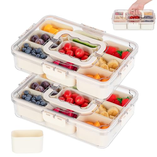 Cinnani Snackbox mit 9 Fächern, Snackteller Kinder mit Deckel und Griffund Griff, Tragbar und Vielseitige Snackbox Organizer für Snacks Süßigkeiten Nüsse Obst Gewürze für Party Picknick Trips (2 Set) von Cinnani