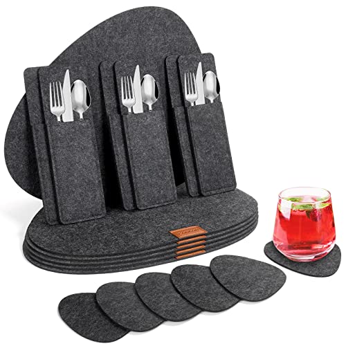 Cinnani Tischset Filz 18er Set, 6 Platzsets Filz, 6 Filzuntersetzer, 6 Bestecksäcken, Rutschfest Platzdeckchen Abwaschbar Tischsets, Esstisch Unterlage, Oval Tischuntersetzer, Platzset in Anthrazit von Cinnani