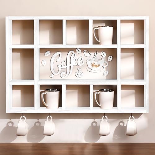 Cinnvoice Übergroßes Kaffeebecher-Regal für Wand, Holz, Kaffeetassen-Regal, Wandmontage, Regal, Würfel, Tassenhaken, Aufhänger mit Barschild, Dekoration für Küche, Station, Bar, Zubehör (altweiß) von Cinnvoice