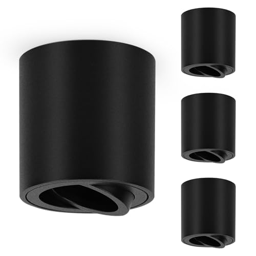 Cinsenten 4 Stück Aufputz Deckenspots Schwarz, Deckenspots 30° Schwenkbar mit GU10 Fassung (Ohne GU10-Lampe), Aufbauleuchte Flach Spot AC230V 80x85mm, Aufbaustrahler Deckenleuchte Aluminium Rund von Cinsenten