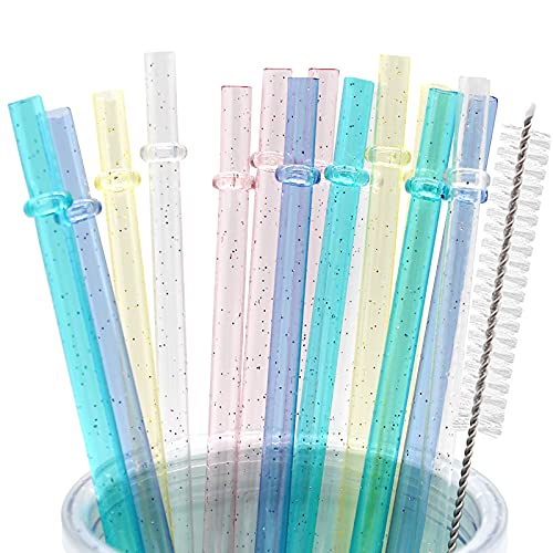 Cinvo 25 Stück wiederverwendbare Strohhalme 22,9 cm mit Reinigungsbürste, Glitzer, funkelnd, lange Trinkhalme, unzerbrechliche Trinkhalme aus hartem Kunststoff, sichere Strohhalme für Starbucks von Cinvo
