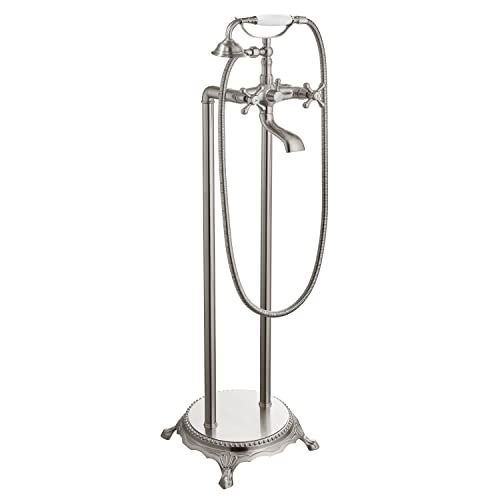 Bodenmontierte Badewanne, gebürstetes Nickel, freistehender Wasserhahn-Wannenfüller, mit Handbrause, Doppelkreuzknöpfe, Telefonform, hoher Durchfluss, Badezimmer-Mischbatterie Bodenmontierte Badewanne, gebürstetes Nickel, freistehender Wasserhahn-Wannenfüller, mit Handbrause, Doppelkreuzknöpfe, Telefonform, hoher Durchfluss, Badezimmer-Mischbatterie von Cinwiny