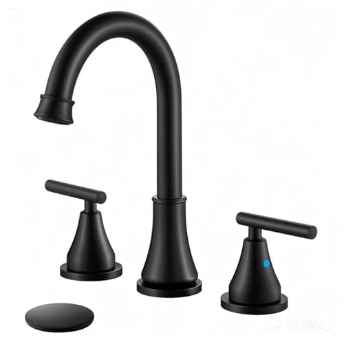 Cinwiny Badezimmer-Wasserhahn für Waschbecken, 3 Löcher, weit verbreitete Waschbeckenarmatur mit Pop-Up-Ablauf- und Zuleitungen, Edelstahl weit verbreiteter Wasserhahn, Mattschwarz Cinwiny Badezimmer-Wasserhahn für Waschbecken, 3 Löcher, weit verbreitete Waschbeckenarmatur mit Pop-Up-Ablauf- und Zuleitungen, Edelstahl weit verbreiteter Wasserhahn, Mattschwarz von Cinwiny