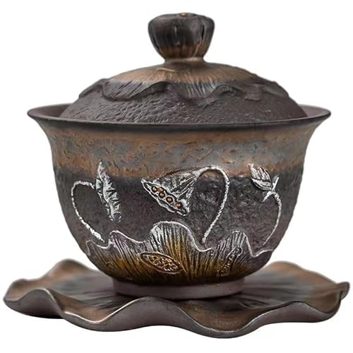 CioNeL Handgefertigtes Gaiwan-Teeservice aus Keramik, 250 ml, traditionelles chinesisches Porzellan-Teegeschirr, Retro-Lotus-Design, Kung-Fu-Teetasse mit Deckel und Untertasse von CioNeL