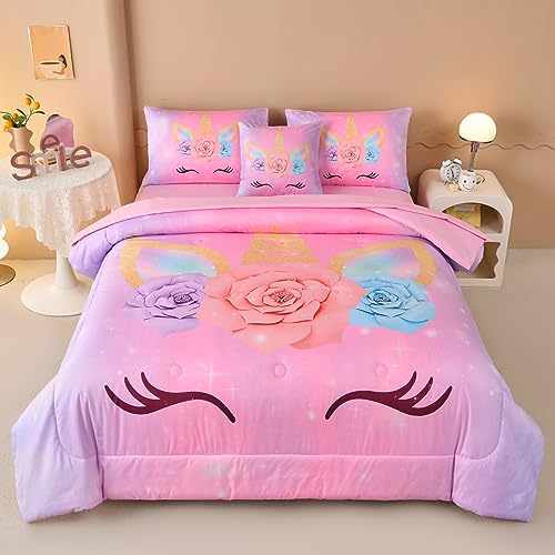Cioaudea Rosa Full Unicorn Tröster-Sets für Mädchen, 6-teiliges Bett in einer Tasche, Einhorn-Bettwäsche-Sets mit Bettlaken für Mädchen von Cioaudea