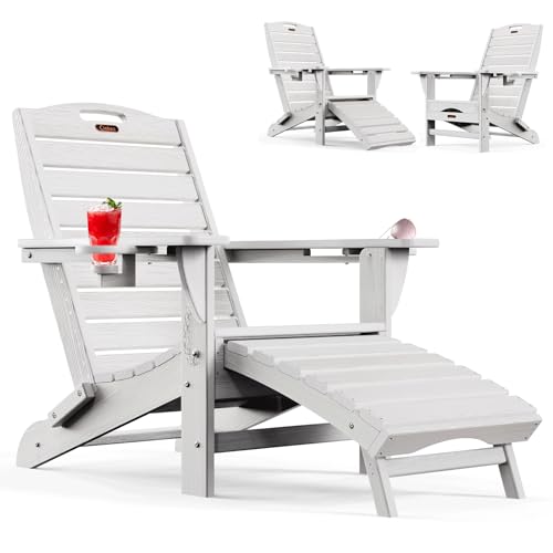 Ciokea Adirondack Klappstuhl mit einziehbarer Ottomane mit ausziehbarer Fußstütze, wetterfest, Outdoor-Loungestuhl mit 2 Getränkehaltern (Weiß) von Ciokea