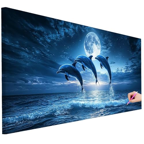 Diamond Painting Erwachsene Delphin Diamond Painting XXL 80x30cm DIY Mond Diamant Kunst Groß Set Basteln Erwachsene Diamant Malerei Stickerei Kreuzstich Set Deko Wohnzimmer Geschenke für Frauen I-83 von Ciooyxee