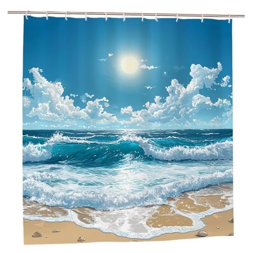 Duschvorhang 180x200 Duschvorhang Strand Duschrollo mit Gewicht Duschvorhänge Badewanne Meer Wasserdicht Polyester Duschrollo Waschbar Duschvorhänge mit 12 Haken für Badezimmer Badewanne Dusche A-25 von Ciooyxee