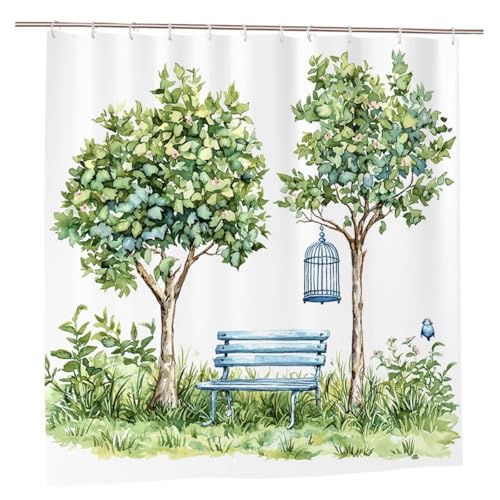 Duschvorhang 200x180 Duschvorhang Weiß Duschrollo mit Gewicht Duschvorhänge Badewanne Baum Wasserdicht Polyester Duschrollo Waschbar Duschvorhänge mit 12 Haken für Badezimmer Badewanne und Dusche A-83 von Ciooyxee