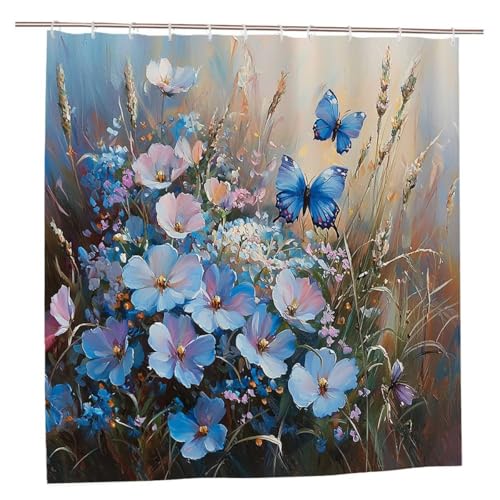 Duschvorhang 200x200 Duschvorhang Schmetterling Duschrollo mit Gewicht Duschvorhänge Badewanne Blumen Wasserdicht Polyester Duschrollo Waschbar Duschvorhänge mit 12 Haken für Badezimmer Badewanne A-37 von Ciooyxee