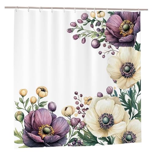 Duschvorhang 200x200 Duschvorhang Weiß Duschrollo mit Gewicht Duschvorhänge Badewanne Blumen Wasserdicht Polyester Duschrollo Waschbar Duschvorhänge mit 12 Haken für Badezimmer Badewanne Dusche A-15 von Ciooyxee