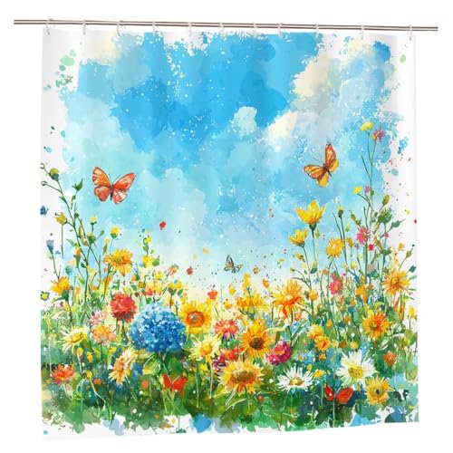 Duschvorhang 240x200 Duschvorhang Blau Duschrollo mit Gewicht Duschvorhänge Badewanne Blumen Wasserdicht Polyester Duschrollo Waschbar Duschvorhänge mit 12 Haken für Badezimmer Badewanne Dusche A-03 von Ciooyxee