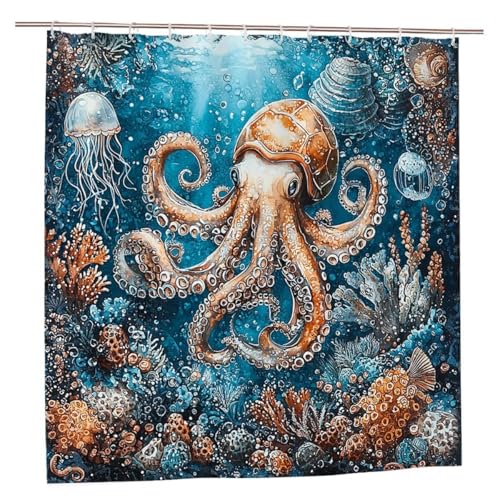 Duschvorhang 240x200 Duschvorhang Meer Duschrollo mit Gewicht Duschvorhänge Badewanne Oktopus Wasserdicht Polyester Duschrollo Waschbar Duschvorhänge mit 12 Haken für Badezimmer Badewanne Dusche A-09 von Ciooyxee