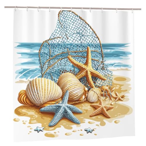 Duschvorhang 240x200 Duschvorhang Strand Duschrollo mit Gewicht Duschvorhänge Badewanne HüLse Wasserdicht Polyester Duschrollo Waschbar Duschvorhänge mit 12 Haken für Badezimmer Badewanne Dusche A-43 von Ciooyxee