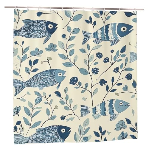Duschvorhang Beige Duschvorhang 180x200 Duschrollo Fisch Duschvorhänge mit Gewicht Wasserdicht Shower Curtains Waschbar Polyester Duschvorhänge mit 12 Haken Badezimmer Deko Geschenke für Frauen A-56 von Ciooyxee